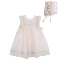 Boutique bébé fille robes d'été personnalisé enfants vêtements dentelle cou ivoire côté noeud conception sans manches appliques solide chapeau