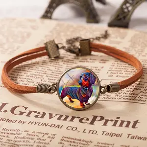 Vintage Personalized Creative Dachshund Dog printed Time Gem Bronze Velvet Cord Bracelet