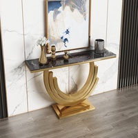 Table console de salon personnalisable avec base métallique, plateau en pierre, mobilier d'appoint étroit et contemporain pour villa, hall d'hôtel
