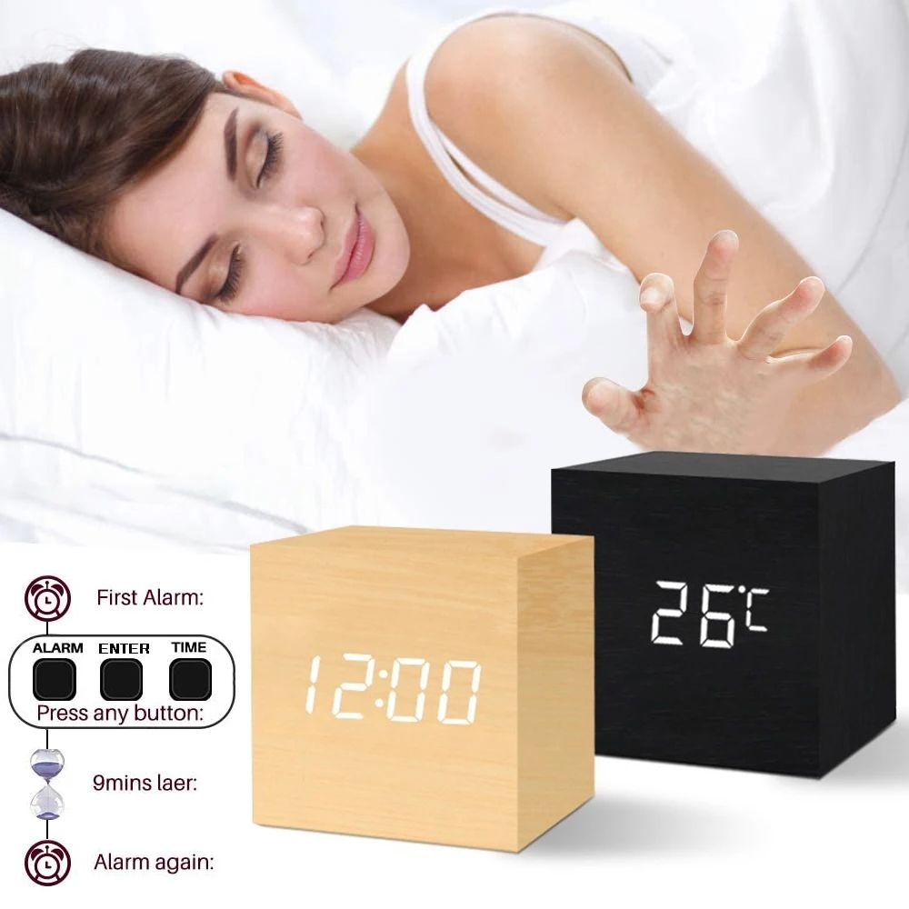 Desperadoe LED Bedside Clock Wooden Digital Alarm Clock with Temperature & Sound Control USB/3A Powered for Desk & Table Use