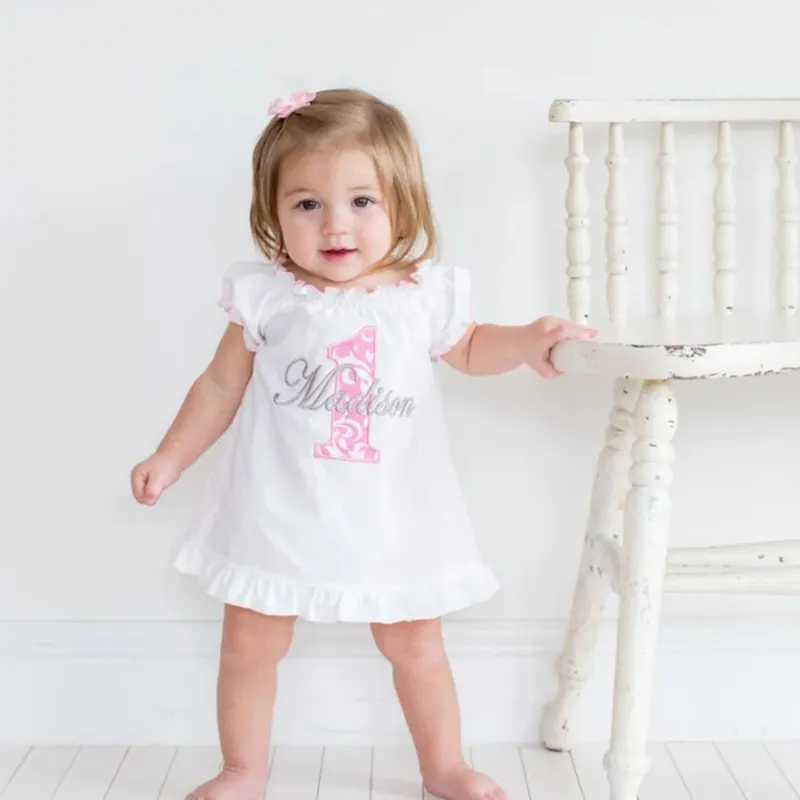 Wholesale Baby Girl First Birthday Outfit Pink Damask Smash Cake Outfit Personalized Birthday Dress