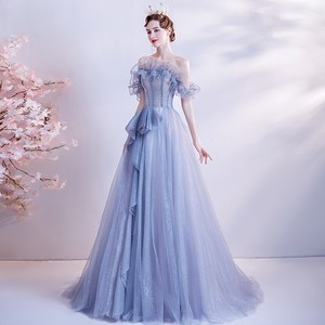 Off The Shoulder Chiffon Ball Gown Empire Waist Ruffles Sparkling Blue Evening Dress For Bridal Events - Product Image 2