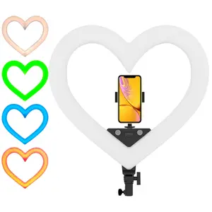 라이브 스트림/유튜브/메이크업을위한 18 인치 휴대용 전문 하트 모양 전화 RGB Led 다채로운 미니 셀카 링 빛