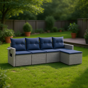 Conjunto de Sofá de Jardín de Poliratán Gris con Cojines, 5 Plazas, Muebles de Exterior de Diseño Contemporáneo - Product Image 2