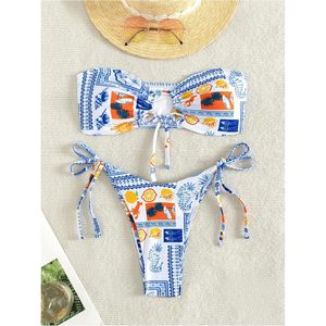 Conjunto de Bikini de 2 Piezas para Mujer FOXA, Estampado de Frutas, Top Bandeau, Tanga con Lazos Laterales, Traje de Baño de Verano para Playa, Elástico, Spandex, Poliéster - Product Image 3