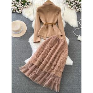 Setelan pakaian kantor wanita dua potong, jaket sosialita pinggang tinggi, rok kue jaring berlapis A-line untuk wanita - Product Image 4