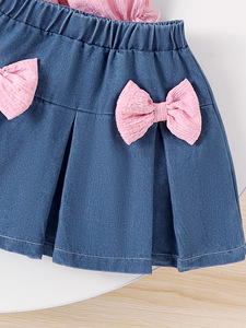 Per Amazon europa e America nuovo Set da ragazza rosa crêpe a maniche lunghe con fiocco e gonna in Denim per l'estate per la bella stagione - Product Image 5