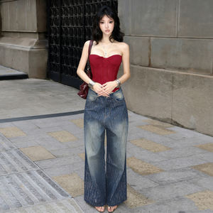 Jeans à jambes larges à taille basse en style vintage européen américain avec strass lavés pour femmes, coupe slim, fermeture éclair, pantalon long décontracté - Product Image 2