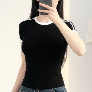 Camiseta ajustada de algodón con logotipo personalizado y rayas en las mangas, cuello redondo, transpirable, venta al por mayor, estilo deportivo para el verano caluroso - Product Image 2