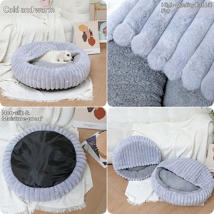 Cama de Felpa de Piel de Conejo de Alta Calidad para Perros y Gatos, con Manta Integrada, a Prueba de Frío, Cálida, con Rayas Rectas de Terciopelo, Casa para Mascotas - Product Image 3