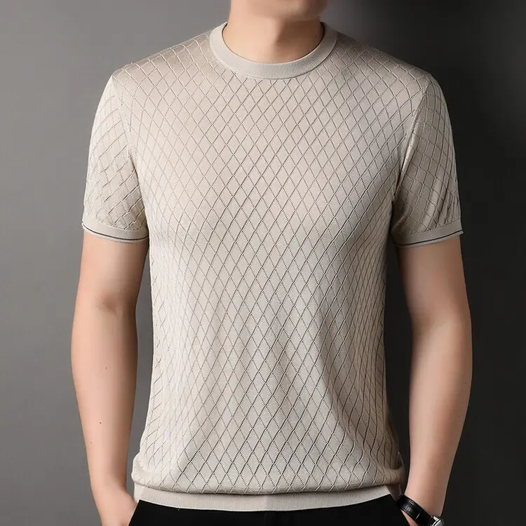 Venta al por mayor de moda plana solapa Camiseta de punto 100% de seda de manga corta Camiseta para hombres