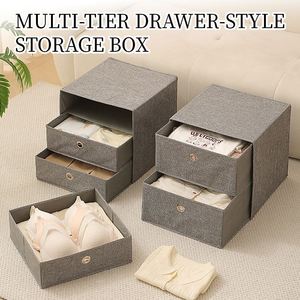 Organiseur de rangement en forme de cube en lin et tissu non tissé, bacs à tiroirs empilables, boîte d'organisation de vêtements pour armoire avec carton - Product Image 1