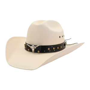 Chapeau de paille de cowboy <span class=keywords><strong>N134</strong></span> pour femmes et hommes, chapeau de protection solaire en paille de papier avec bande décorative en forme de taureau pour les vacances et les activités de plein air - Product Image 3