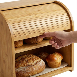 Boîte à pain en bambou 2-en-1 à double couche avec couvercle à charnière et étagère inférieure, grande boîte de <span class=keywords><strong>rangement</strong></span> alimentaire pour cuisine - Product Image 4