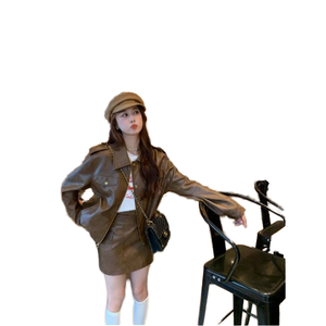 Loveda Wholesale Women Autumn/Winter Fashion Casual Solid Color Breathable Polyester Woven Front <b>Long</b> Sleeve Faux <b>Leather</b> <b>Jacket</b> - Product Image 1