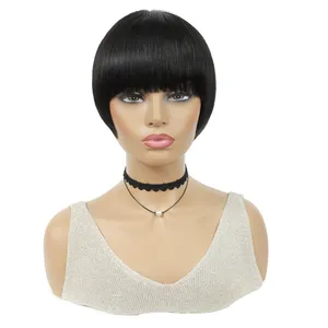 X-TRESS 8" Human Hair Wigs With Bangs Brazilian Straight Full Machine Made Wigs Short Bob Remy Natural Hair Wigs For Black Women