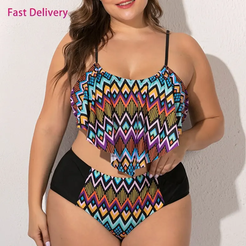 Wholesale Plus Size Swimwear Two Piece Bathing Suits Ruffled Flounce Top High Waisted Bottom Bikini Set Swimwear For Fat Women