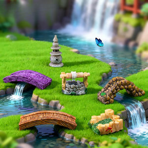 Ornements de scène en résine rétro antique pour micro-paysage, avec phare du Lac de l'Ouest, puits d'eau, petite fontaine et pont avec eau courante - Product Image 3