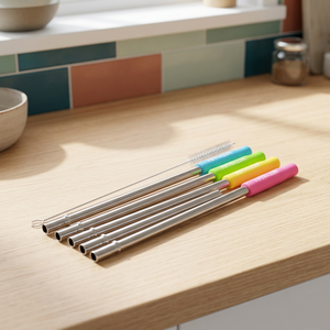 Reusable <b>Metal</b> Drinking <b>Straws</b> 4 Pack With Cleaning Brush Set Colorful Handles For Coffee Drinking - Product Image 2