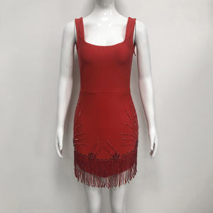 Abito da Sera Elegante Rosso <span class=keywords><strong>con</strong></span> Scollo Quadrato e <span class=keywords><strong>Frange</strong></span> di Perline per Eventi Cocktail, Feste e Celebrazioni di Lusso - Product Image 3