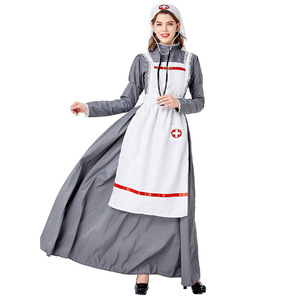 Disfraz de Enfermera Medieval, Falda Larga, Delantal, Velo, Gris, Blanco, Cruz Roja, Vestido de Cosplay para Adultos, Disfraz de Halloween - Product Image 3