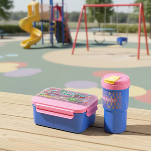 Cute Cartoon School Picnic Travel <b>Lunch</b> <b>Box</b> With Sub-Grid Cartoon Bento <b>Box</b> With Water Cup Plastic <b>Lunch</b> <b>Box</b> with Cutlery - Product Image 2