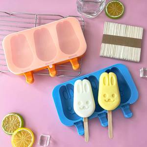 J119 Animal Design Silikon form Lebensmittel qualität BPA Free Durable DIY Eis am Stiel Lolly 3 Kaninchen Eisform Deckel 50Stick - Product Image 1