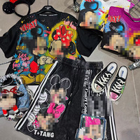 Ensemble décontracté pour filles, t-shirt surdimensionné rose vif à imprimé cartoon et short à cordon de serrage, 100% coton, style hip hop