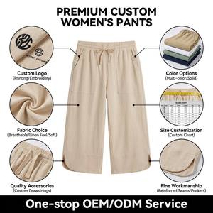 Pantalon Capri Cropped Beige Ample pour Femme en Lin Mélangé Léger avec Poches et Étiquette Privée d'Usine - Vente en Gros - Product Image 3