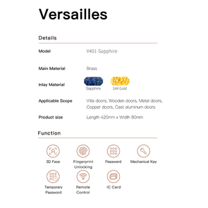 Nouvelle serrure intelligente de luxe d'inspiration européenne |   Série Versailles V401-Saphir Or 24 carats avec carte mémoire pour portes en aluminium - Product Image 2