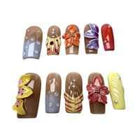 Ongles Press-on Faits Main 10 Pièces Personnalisables Carrés Moyens Motifs Tropicaux Fleurs 3D Fruits d'Été Goutte de Rosée Ongles de Luxe à Presser