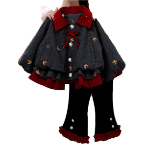 Ensemble deux pièces décontracté pour filles, imprimé, doublé polaire, en laine épaisse et polyester/coton, coupe-vent, manches longues, pour filles de 90 à 140 cm - Product Image 1