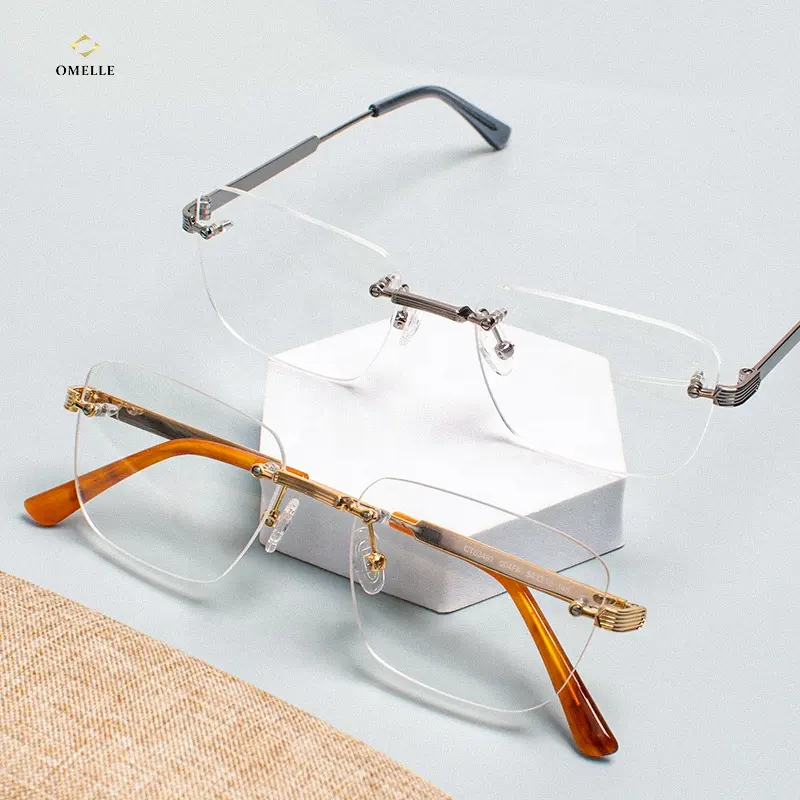 Premium Metal Rimless Eyeglasses Men Square Optical Frame Fashion Gold Reading Glasses