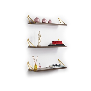 Floating Wall <b>Shelf</b> Walnut Yellow Metal Bracket Triple <b>Shelf</b> For Books Decorative Wall Mounted <b>Rack</b> - Product Image 3