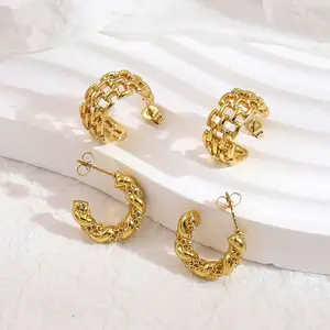 Stainless Steel Pleated Wave Earring Design With Titanium Steel 18k Gold Hoop Huggies Earrings For Women Stainless Steel Joyas