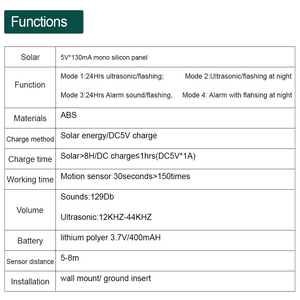 Alarme solaire à détection infrarouge 129 dB, étanche IP55, alarme audiovisuelle ultrasonique haute fréquence pour dissuader les animaux sauvages - Product Image 4