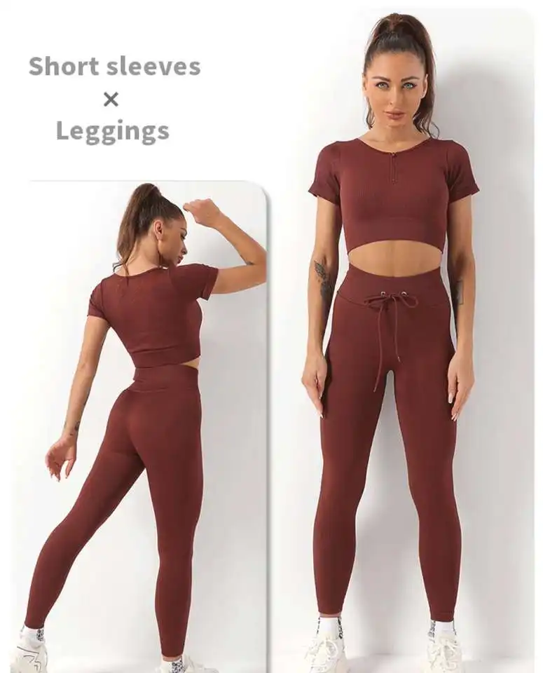 2024 printemps nouveau tricoté avant fermeture éclair sport 2 pc à manches longues haut court rayé pantalon leggings ensemble costume fitness yoga porter vêtements de sport