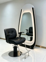 Miroir de salon moderne minimaliste en cuir, sur pied, avec éclairage LED, pour coiffure, beauté, permanente et coloration