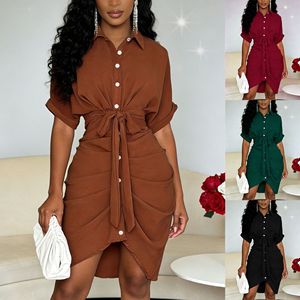 Robe chemise à manches courtes, taille cintrée, effet amincissant, ourlet plissé irrégulier, robe décontractée tendance pour femme - Product Image 1