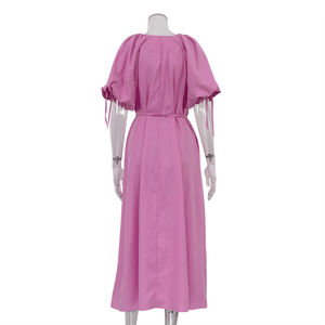 Pullover a Line scollo a V semplice abito di un pezzo da donna francese manica a sbuffo rosa <span class=keywords><strong>Midi</strong></span> lungo da donna eleganti abiti Casual - Product Image 5