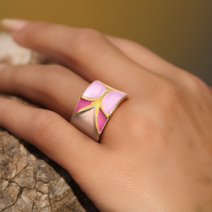 Fashion <b>Ring</b> 316L Stainless Steel PVD Gold Plating Pink Enamel Design Statement Jewelry - Product Image 3