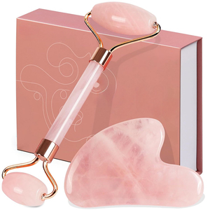 100% naturale rosa rosa quarzo massaggio Guasha doppio lato strumenti di bellezza del <span class=keywords><strong>viso</strong></span> rulli <span class=keywords><strong>pietra</strong></span> di giada faccia a <span class=keywords><strong>rullo</strong></span> e Gua Sha Set - Product Image 2