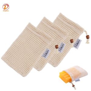 Bolsa exfoliante de embalaje de lavandería con burbujas de jabón en espuma con logotipo privado, bolsas de red de malla de jabón de algodón orgánico Natural con cordón - Product Image 6