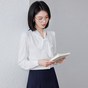Women's White Long Sleeve Blouse Poplin Anti-Wrinkle Wrap Tie Work Formal Shirt Spring Summer 2026 - Product Image 4