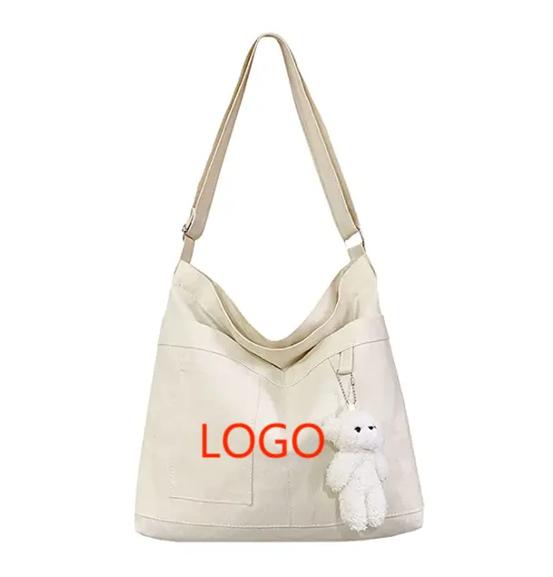 Bolso de mano de lona de algodón económico con logotipo personalizado para mujer, Hobo bolso de hombro, bolso cruzado con cierre de cremallera de 3 bolsillos externos