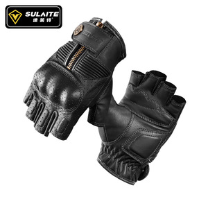 SULAITE Gants de moto demi-doigts unisexes en cuir noir avec fermeture éclair, respirants, protection pour hommes et femmes - Product Image 1