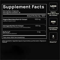 Extrait concentré de racine de Maca noire, extrait de racine d'Ashwagandha, extrait de fruit de poivre noir, capsules, 60 unités, complément alimentaire