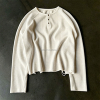 T-shirt thermique à manches longues en coton gaufré personnalisé pour homme, style streetwear, col Henley