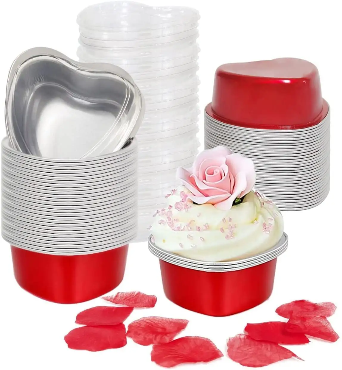 Heart Cake Pans for Baking with Red Petals 50 Sets Aluminum Cupcake Cups with Lids Disposable Mini Foil Pans for Valentine's Day