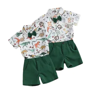 새로운 여름 어린이 착용 동물 프린트 짧은 소매 셔츠 칼라 탑 반바지 2 개 세트 아이 소년 옷 세트